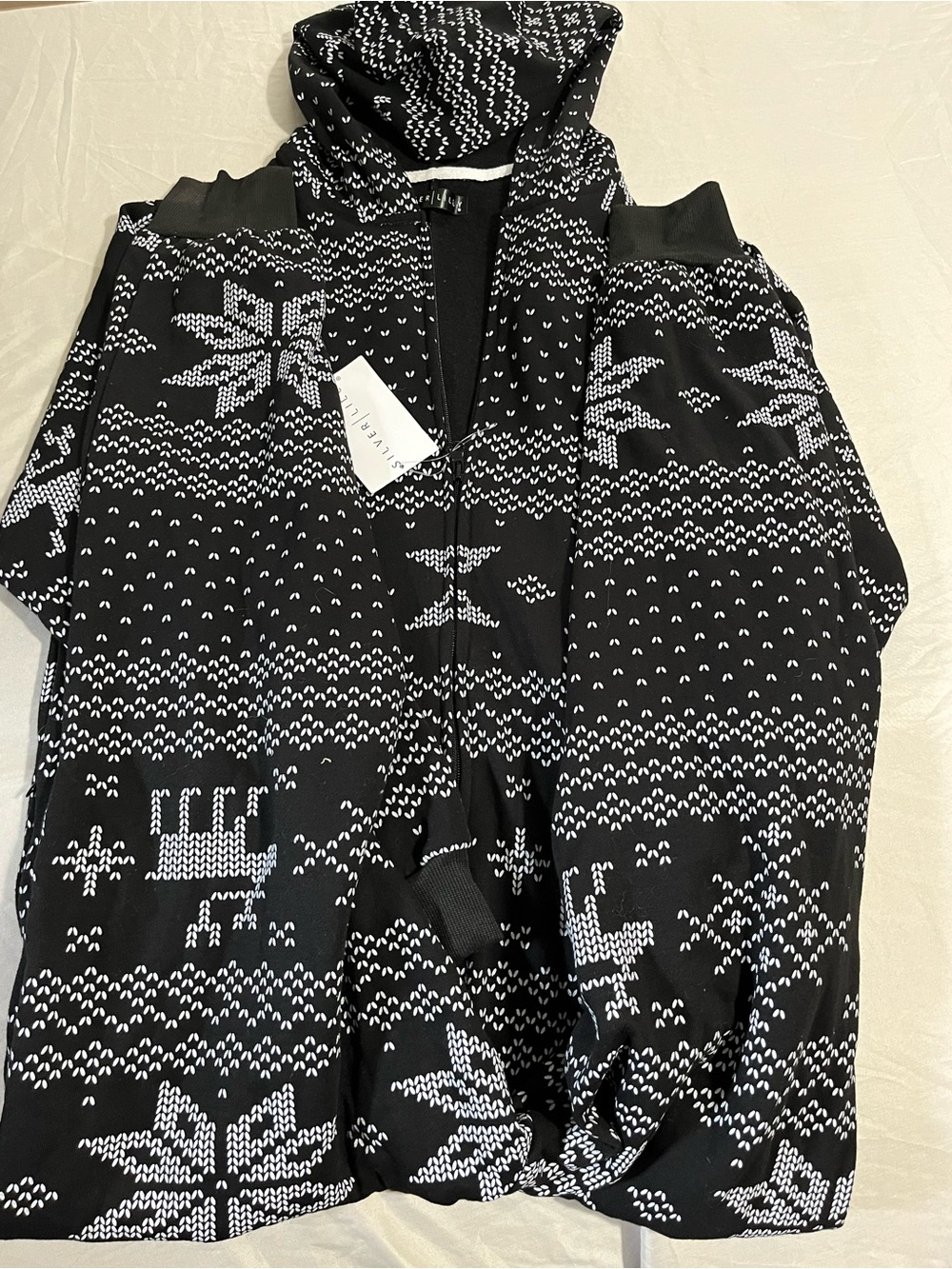 Silver Lilly Black & White Knit Hooded Pajama Onesie Women Size Large NWT